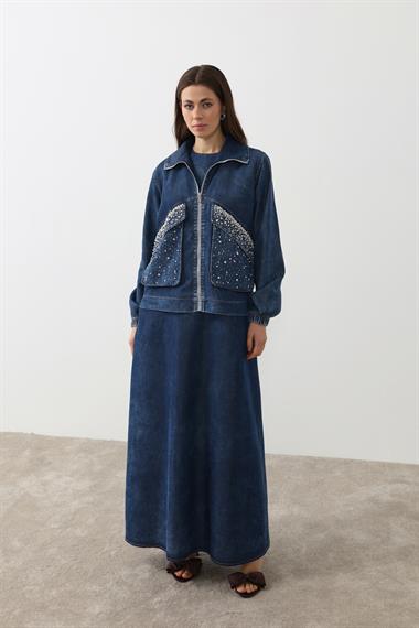 Felicia Taşlı İçlik Elbiseli Takım LACİVERT