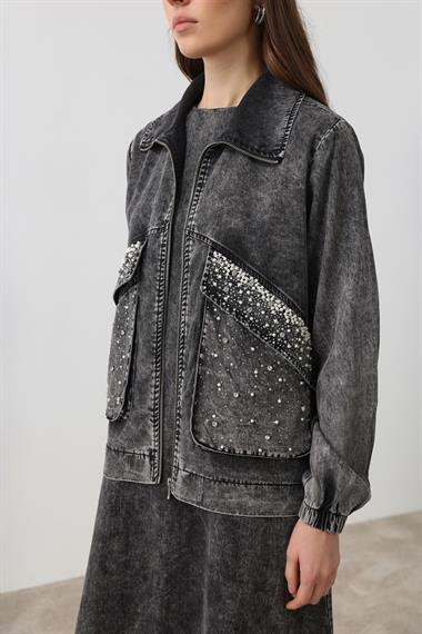 Felicia Taşlı İçlik Elbiseli Takım SİYAH