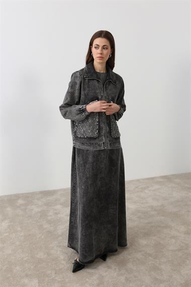 Felicia Taşlı İçlik Elbiseli Takım SİYAH