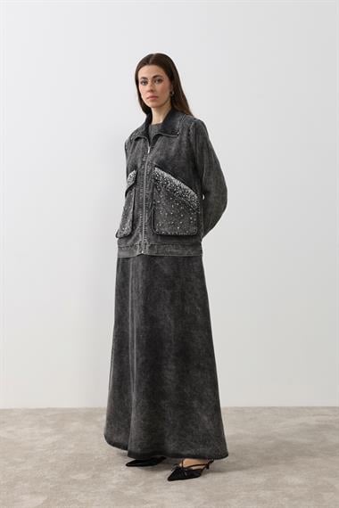 Felicia Taşlı İçlik Elbiseli Takım SİYAH