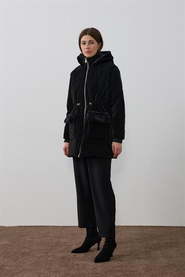 Flora Fermuarlı Kürk Detaylı Şişme Mont SİYAH