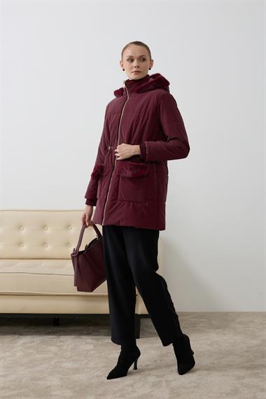 Flora Fermuarlı Kürk Detaylı Şişme Mont MÜRDÜM