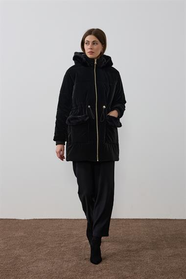 Flora Fermuarlı Kürk Detaylı Şişme Mont SİYAH