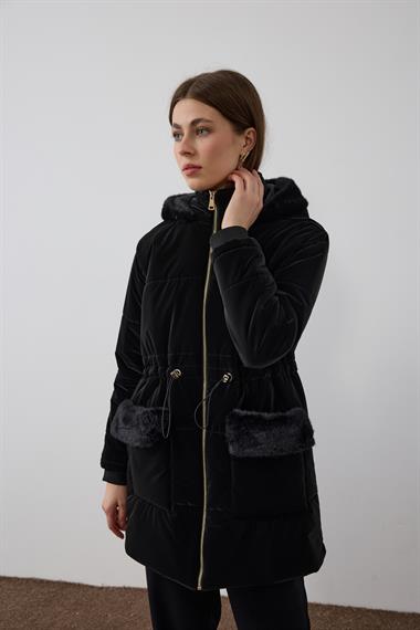 Flora Fermuarlı Kürk Detaylı Şişme Mont SİYAH