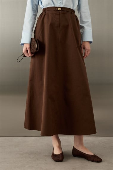 Gabardin Gold Düğmeli Pamuklu Çan Etek KAHVERENGİ