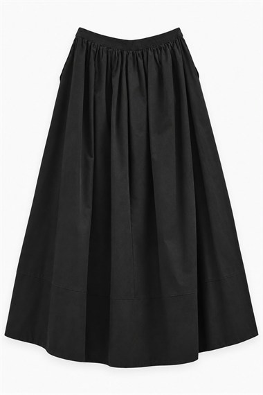 Gabardin Kumaşlı Büzgülü Pamuklu Etek SİYAH