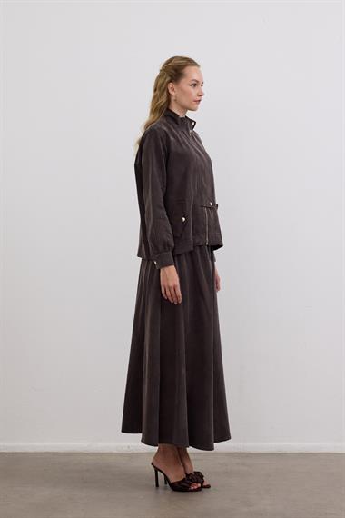 Gale Fermuarlı Geniş Patlı Etekli Takım KAHVERENGİ