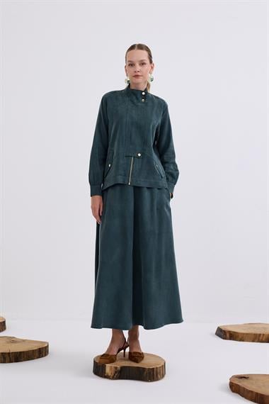 Gale Fermuarlı Geniş Patlı Etekli Takım ZÜMRÜT