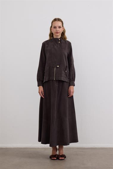 Gale Fermuarlı Geniş Patlı Etekli Takım KAHVERENGİ