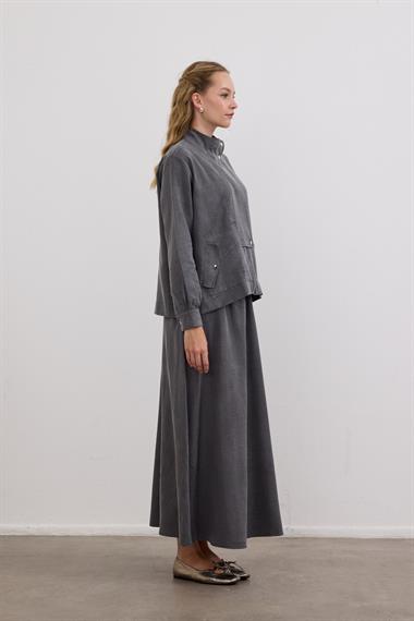 Gale Fermuarlı Geniş Patlı Etekli Takım GRİ