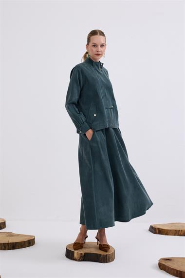 Gale Fermuarlı Geniş Patlı Etekli Takım ZÜMRÜT