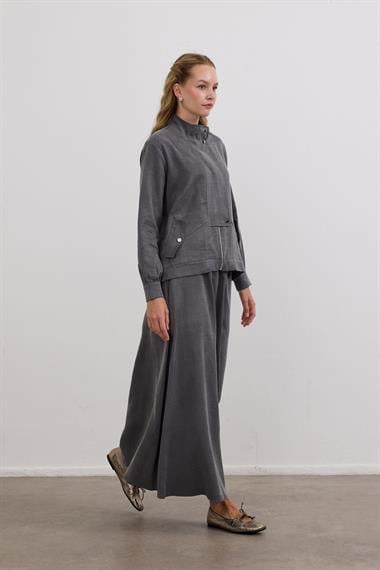 Gale Fermuarlı Geniş Patlı Etekli Takım GRİ