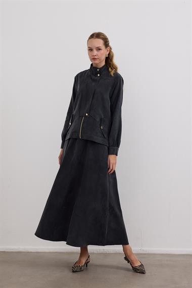 Gale Fermuarlı Geniş Patlı Etekli Takım SİYAH