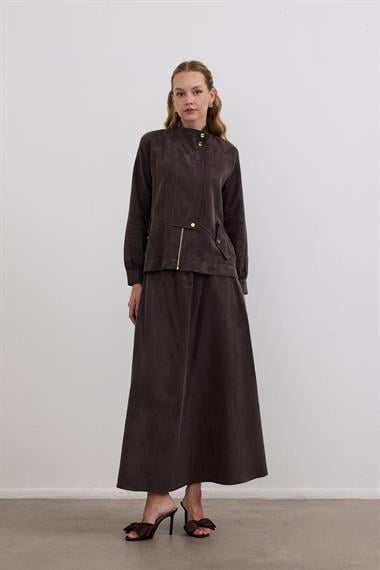 Gale Fermuarlı Geniş Patlı Etekli Takım KAHVERENGİ