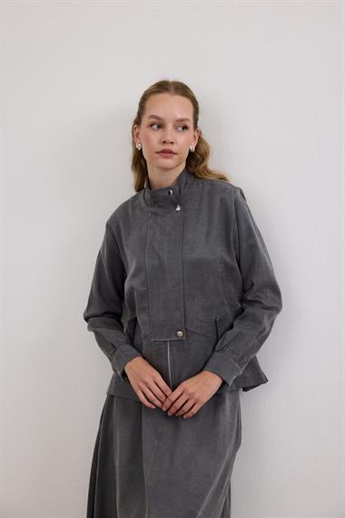 Gale Fermuarlı Geniş Patlı Etekli Takım GRİ