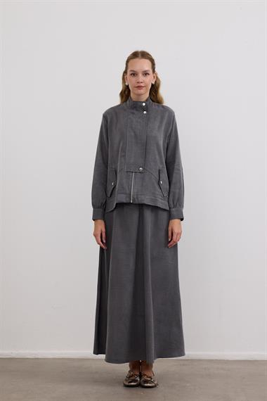 Gale Fermuarlı Geniş Patlı Etekli Takım GRİ