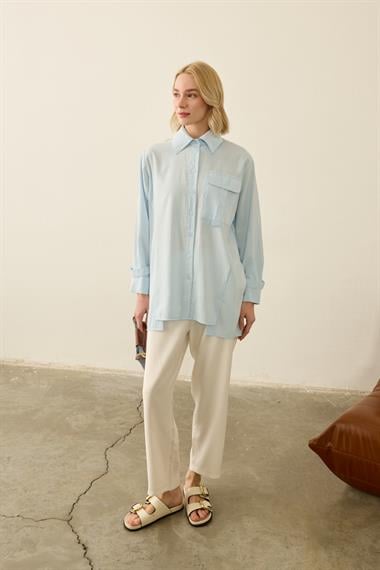 Hati Düğmeli Cep ve Kol Detaylı Modal Gömlek MAVİ