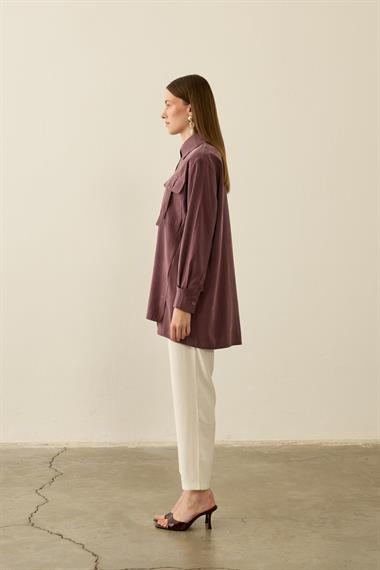 Hati Düğmeli Cep ve Kol Detaylı Modal Gömlek MÜRDÜM