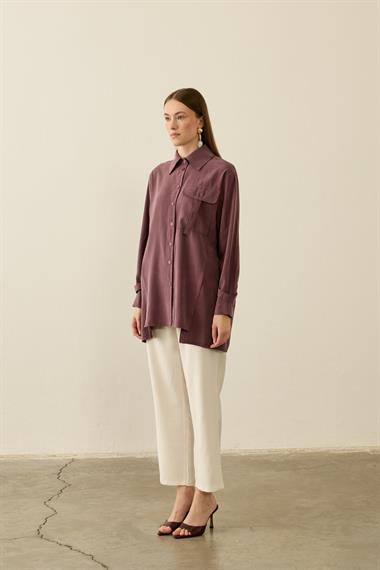 Hati Düğmeli Cep ve Kol Detaylı Modal Gömlek MÜRDÜM