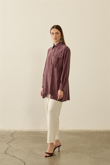 Hati Düğmeli Cep ve Kol Detaylı Modal Gömlek MÜRDÜM