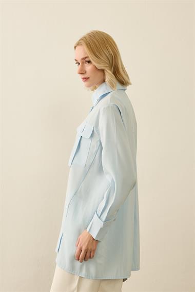 Hati Düğmeli Cep ve Kol Detaylı Modal Gömlek MAVİ