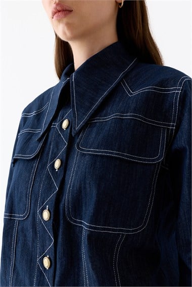 Hola Düğmeli Kontrast Dikişli Denim Gömlek LACİVERT