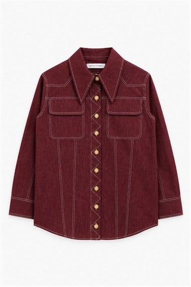 Hola Düğmeli Kontrast Dikişli Denim Gömlek BORDO