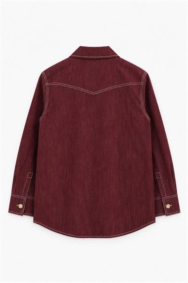 Hola Düğmeli Kontrast Dikişli Denim Gömlek BORDO