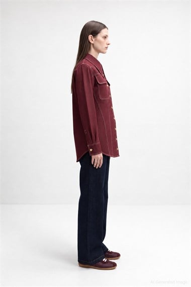 Hola Düğmeli Kontrast Dikişli Denim Gömlek BORDO
