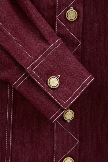 Hola Düğmeli Kontrast Dikişli Denim Gömlek BORDO