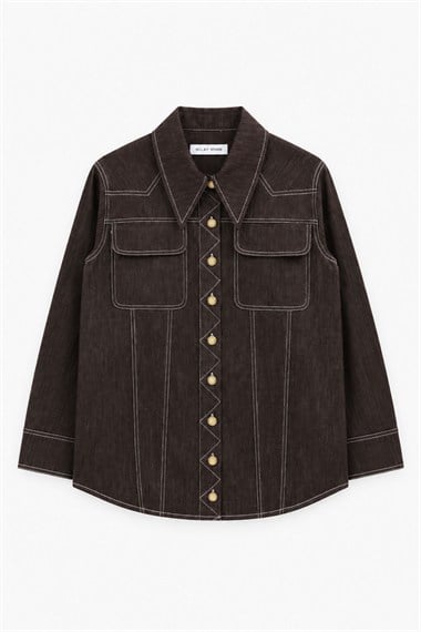Hola Düğmeli Kontrast Dikişli Denim Gömlek ACI KAHVE