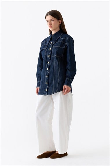 Hola Düğmeli Kontrast Dikişli Denim Gömlek LACİVERT