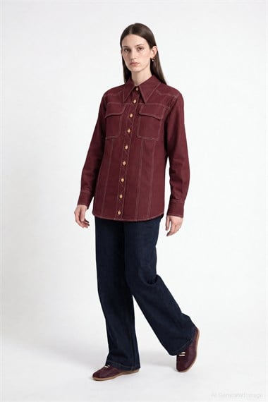 Hola Düğmeli Kontrast Dikişli Denim Gömlek BORDO