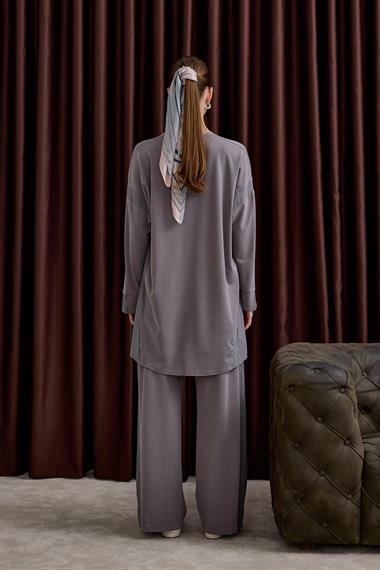 Icon Nervürlü Garni Kumaşlı Pantolonlu Takım GRİ