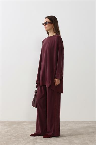 Icon Nervürlü Garni Kumaşlı Pantolonlu Takım MÜRDÜM