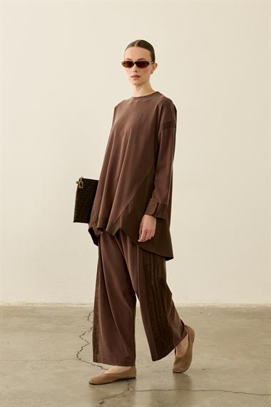 Icon Nervürlü Garni Kumaşlı Pantolonlu Takım KAHVERENGİ