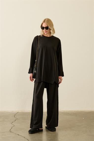 Icon Nervürlü Garni Kumaşlı Pantolonlu Takım SİYAH