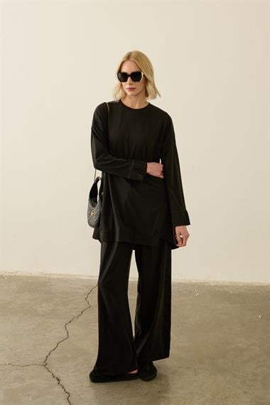 Icon Nervürlü Garni Kumaşlı Pantolonlu Takım SİYAH