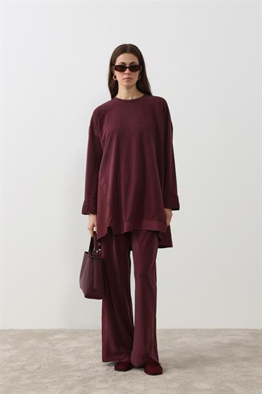 Icon Nervürlü Garni Kumaşlı Pantolonlu Takım MÜRDÜM