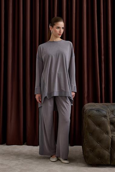 Icon Nervürlü Garni Kumaşlı Pantolonlu Takım GRİ
