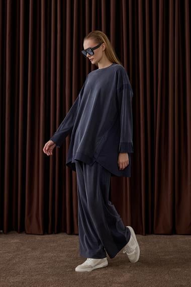 Icon Nervürlü Garni Kumaşlı Pantolonlu Takım LACİVERT