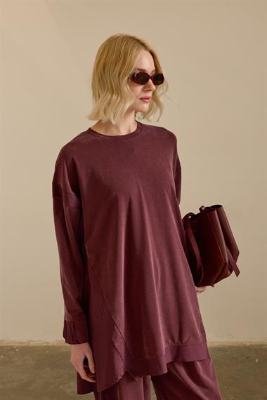 Icon Nervürlü Garni Kumaşlı Pantolonlu Takım MÜRDÜM