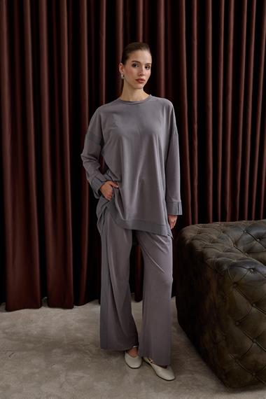 Icon Nervürlü Garni Kumaşlı Pantolonlu Takım GRİ