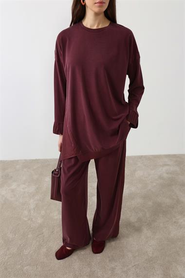 Icon Nervürlü Garni Kumaşlı Pantolonlu Takım MÜRDÜM