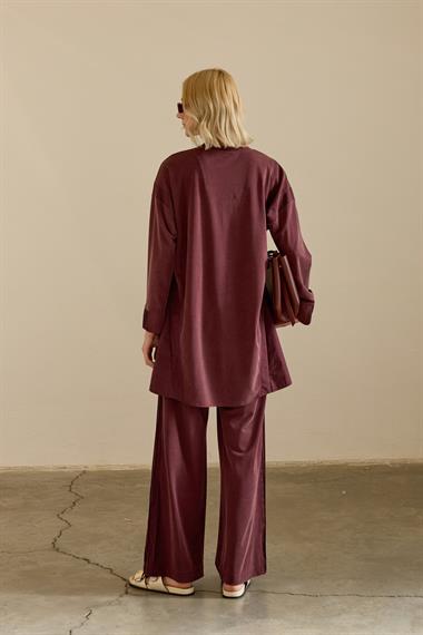 Icon Nervürlü Garni Kumaşlı Pantolonlu Takım MÜRDÜM