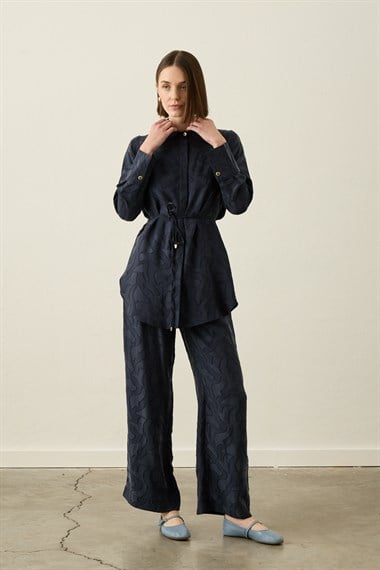 Jakarlı Düğmeli Lyocell Pantolonlu Takım LACİVERT