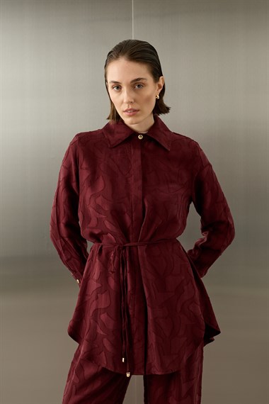 Jakarlı Düğmeli Lyocell Pantolonlu Takım MÜRDÜM