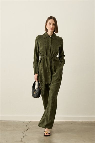 Jakarlı Düğmeli Lyocell Pantolonlu Takım HAKİ