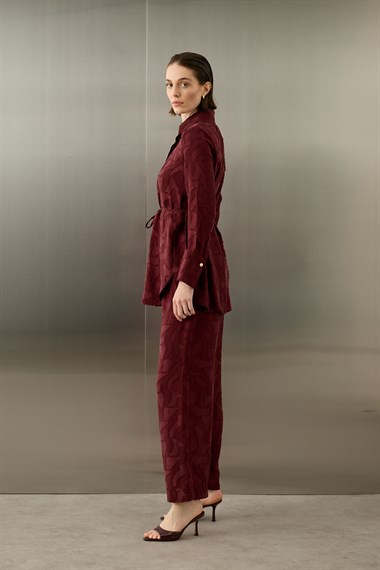 Jakarlı Düğmeli Lyocell Pantolonlu Takım MÜRDÜM
