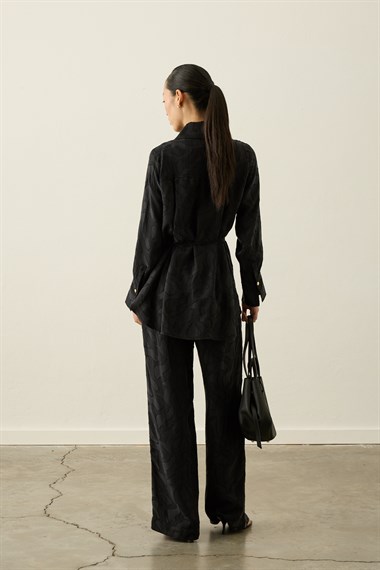 Jakarlı Düğmeli Lyocell Pantolonlu Takım SİYAH